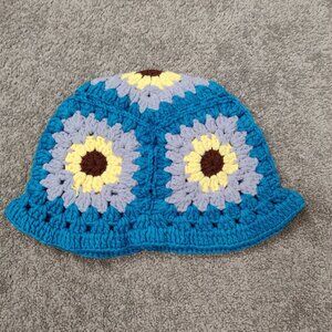 Women's Multicolor Crochet Bucket Hat Summer Beach Blue Cottagecore Bohemian NEW